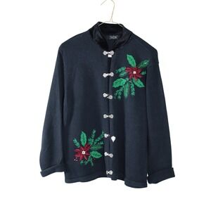 Crystal Kobe Womens Black Poinsettia Beaded Holiday Cardigan Velvet Collar Sz M